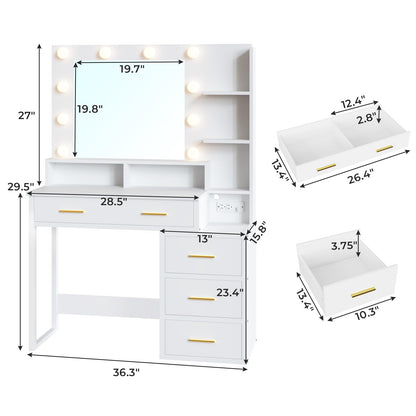 Tiptiper White Makeup Vanity with 10 Light Bulbs, Modern Vanity Desk with Mirror & 3 Lighting Modes, Vanity Table with 2 USB Ports and Outlets, Makeup Desk with Nightstand, Storage Shelves and Drawers