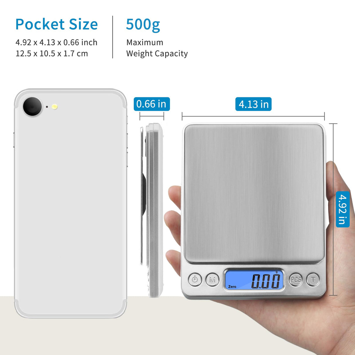 Toprime Digital Gram Scale 500g 0.01g Food Scale High Precision Kitchen Scale Multifunctional Stainless Steel Pocket Scale with Back-Lit LCD Display Tare PCS Features Silver toprime