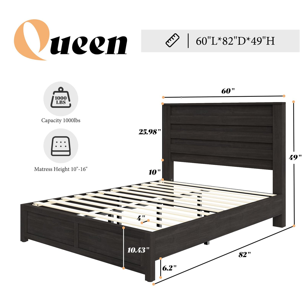 AMERLIFE Farmhouse Queen Size Bed Frame with 49" Tall Headboard, Platform Bed with Natural Wood Grain, No Box Spring Needed/Noise Free, Black AMERLIFE