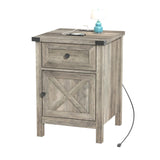 Rustic Nightstand with Charging Station, Night Stand with Barn Door and Drawer, Storage Bedroom Living Room Bedside Table Farmhouse End Table Industrial Bedside Table with USB Ports and Outlets，Grey HOSEOKA
