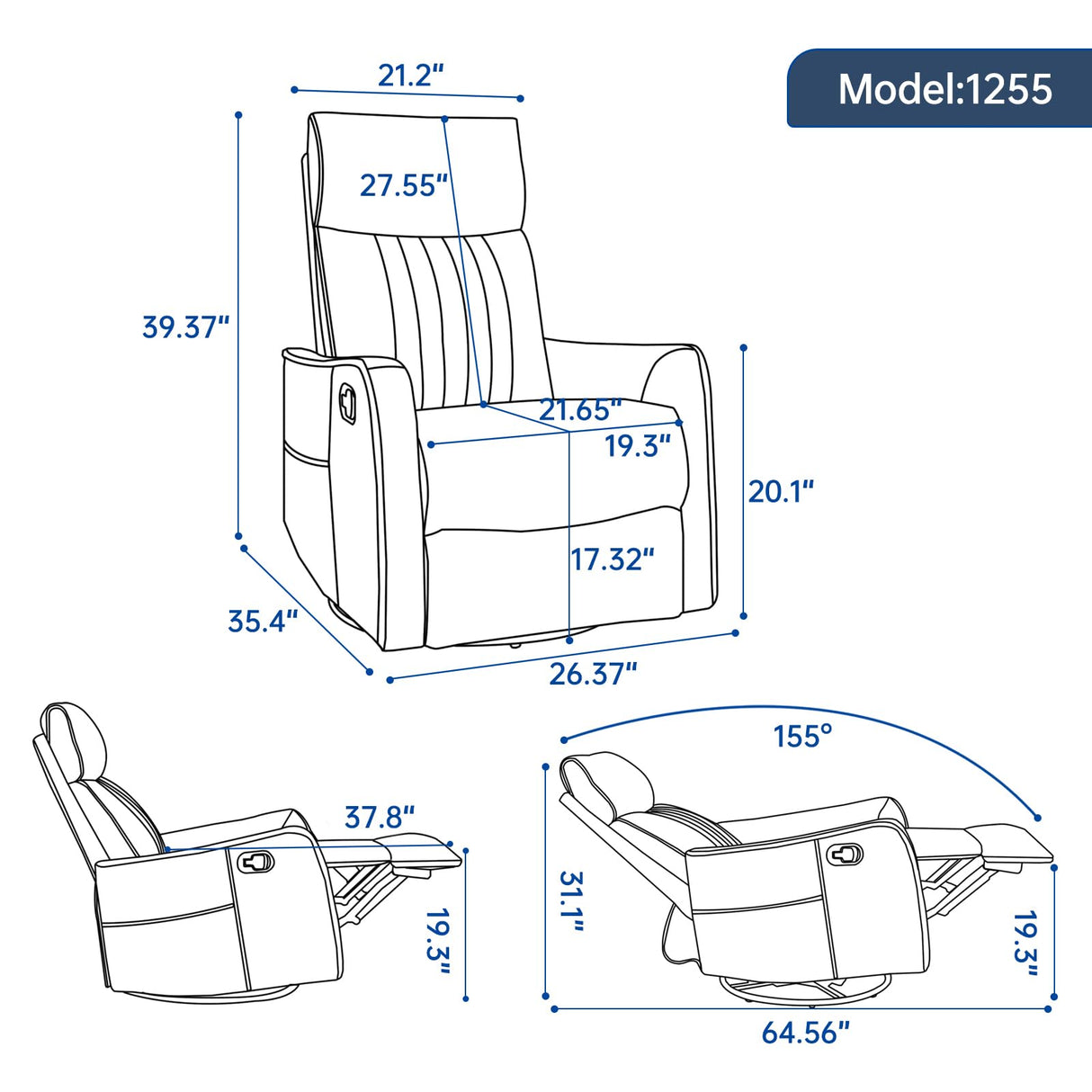 Trustyue Swivel Rocker Recliner Chair, 360° Swivel Recliner with Heat and Massage, Rocker Recliner Upholstered Fabric Nursery Glider Recliner Chair with Side Pockets for Living Room PU White Trustyue