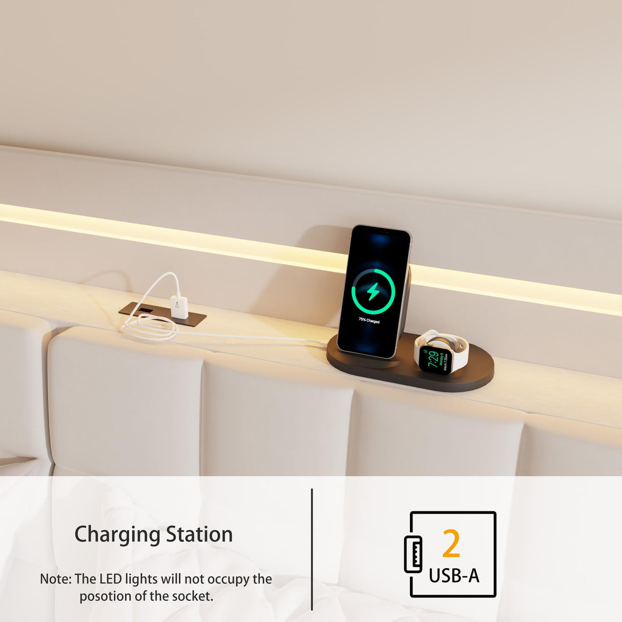 Ushow Modern Queen Floating Bed Frame with LED Lights, Storage Headboard & Charging Station in Beige USHOW