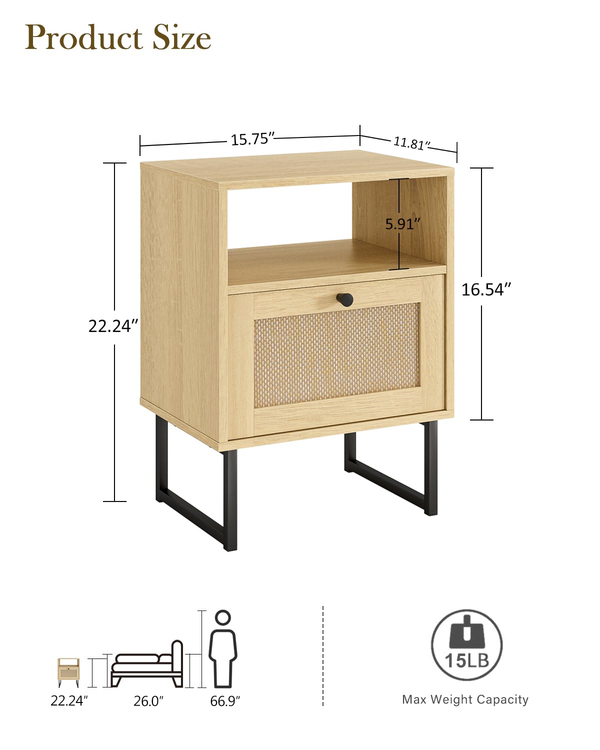 Acodaiuy Rattan Night Stand, Modern Boho Nightstand with Storage Drawer, Wood Bedside Table with Open Shelf, Side End Table for Bedroom,Living Room,Oak Acodaiuy