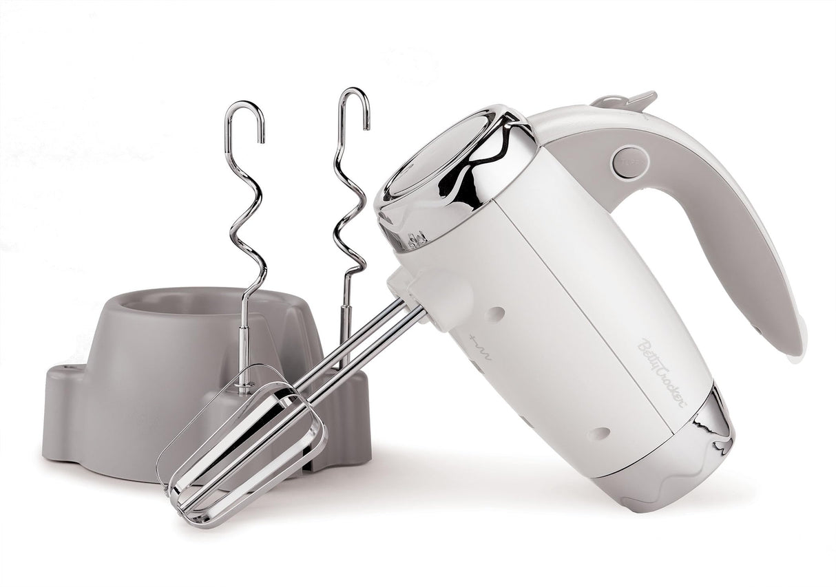 BETTY CROCKER Hand Blender 7 Speed, 250 Watt Electric Mixer with Beaters and Dough Hooks, Ergonomic Electric Hand Mixer for Home & Kitchen with Stand and Soft Touch Handle, White Betty Crocker