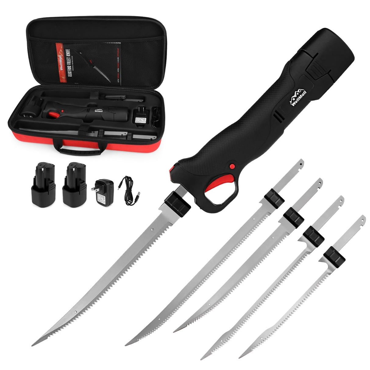 WellMall Cordless Electric Fillet Knife - Electric Fillet Knife for Fish with 4 Stainless Steel Blades, Cordless, with Safe Lock, Non-Slip Grip Handle WellMall