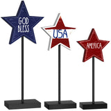 DECEED 3 PCS 4th of July Wood Star Table Sign, Wooden Patriotic Table Centerpieces, Rustic Memorial Day Table Decorations, Wood Standing Star, Red White and Blue Decorations for Home Office (Text) DECEED