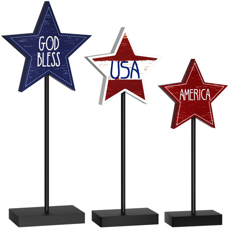 DECEED 3 PCS 4th of July Wood Star Table Sign, Wooden Patriotic Table Centerpieces, Rustic Memorial Day Table Decorations, Wood Standing Star, Red White and Blue Decorations for Home Office (Text) DECEED