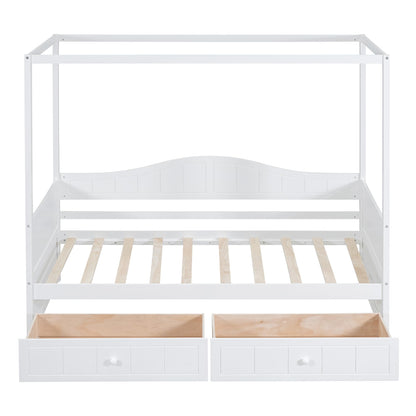 Bellemave Twin Size Canopy Daybed with 2 Drawer,Wood Canopy Bed Frame,4 Poster Bed for Kids,Teens, Adults,Space Saving,White