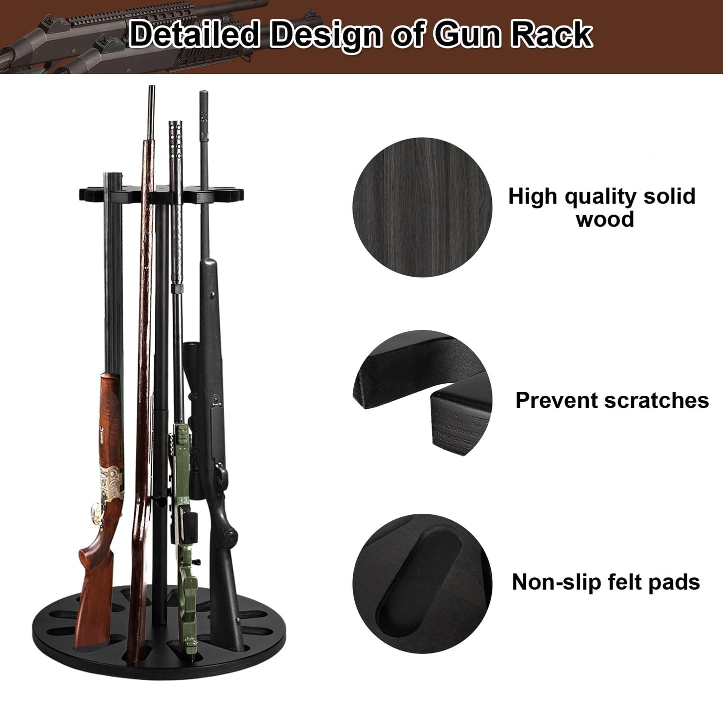 amoard Gun Rack, Heavy Solid Wood Rifle & Shotgun Holder, Up to 12 Gun Capacity Display Storage with Soft Padding, Gun Safe Organizer Indoor Gun Racks (Black) - WoodArtSupply