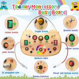 flycoost Montessori Toddler Busy Board, Wooden Busy Board with 17 LED Lights, Travel Toys for Toddlers 1-3 Years, Light Switch Toys, Toddler Sensory Boards, Toys for 1 Year Old Girls flycoost