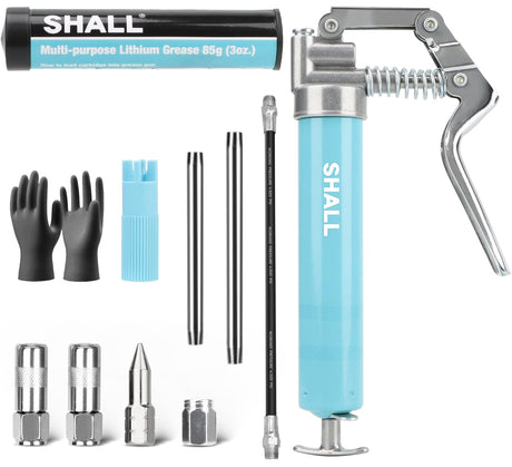 SHALL Mini Grease Gun, Small Grease Gun Kit (3.52OZ Capacity, 3000PSI) with 2PCS 4-Jaw couplers, Sharp Nozzle, Extension Adapter, 3OZ Cartridge Grease, Reinforced PVC Glove & Zerk Fitting Cleaner SHALL