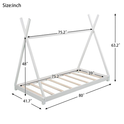 Bellemave Twin Montessori Floor Bed Frame - Sturdy White Bed with Triangle Structure for Kids - WoodArtSupply