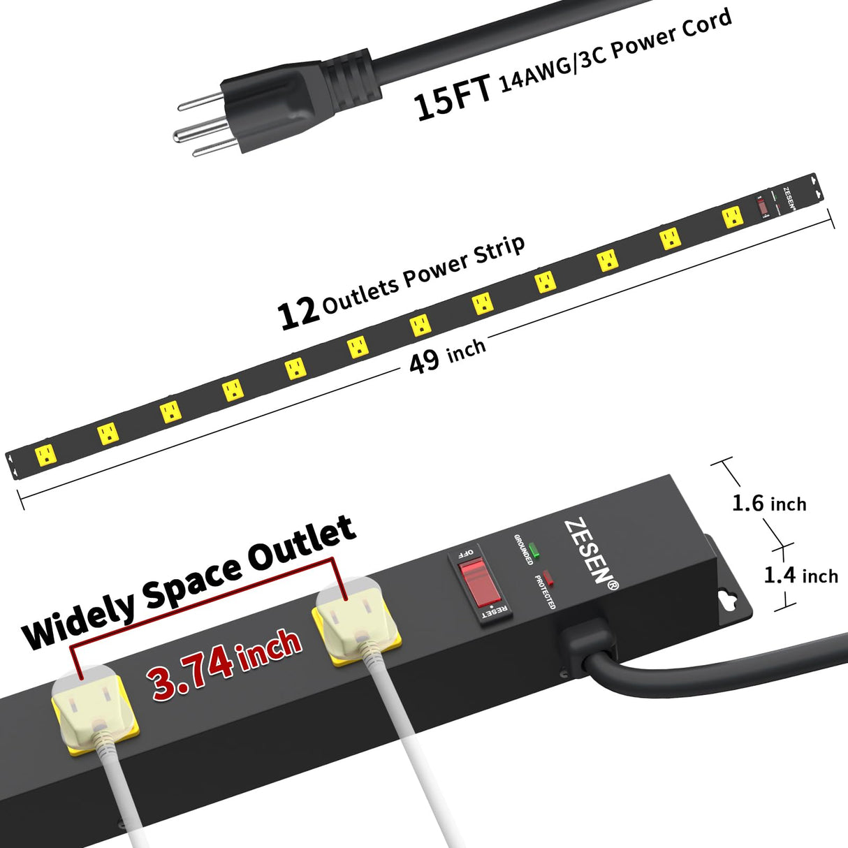 ZESEN 12 Outlet Heavy Duty Workshop Metal Long Power Strip Surge Protector with 15ft Cord, Garage Workbench Multi Wide Industrial Outlet Power Strip, ETL Certified, Black ZESEN