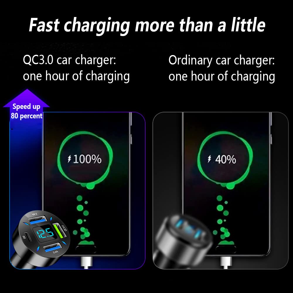 Car Charger 66W Super Fast Charging with USB PD&QC 3.0(Voltmeter&LED Lights) Universal Quick Charge for 12-24V Car Cigarette Lighter Plug,Compatible with iPhone 14 13 12,S22 S21 S20,iPad(Black) Aokdom
