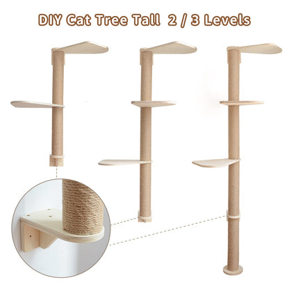 Wood Cat Tower Floor to Ceiling Adjustable, Tree Tall Cat Scratching Post, Cat Tree with 3-Tier Floor for Climb, Cat Climbing Tower Vertical with Natural Sisal Rope - WoodArtSupply