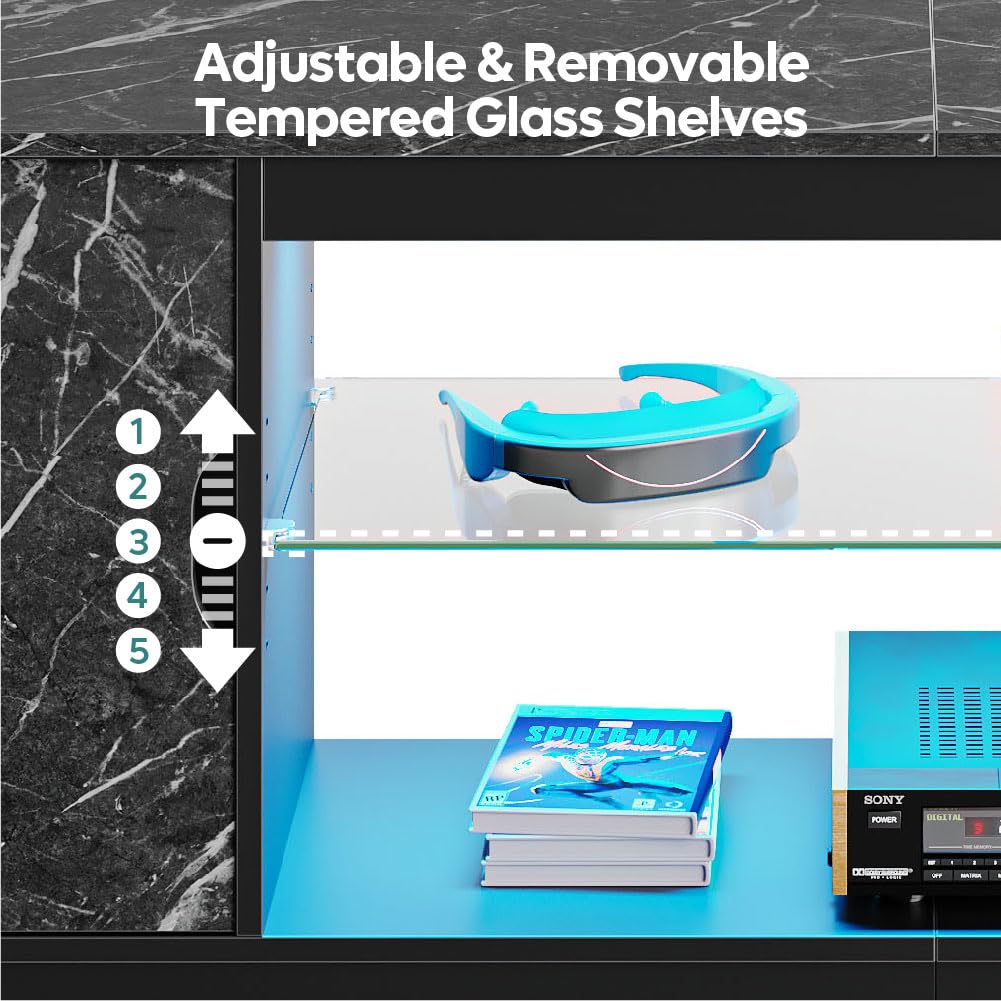 Bestier LED TV Stand for 55/60/65 Inch TV, Gaming Entertainment Center with Cabinet for PS5, Xbox,Modern TV Cabinet with Adjustable Glass Shelves for Living Room, Bedroom 58 Inch,Black Marble Bestier