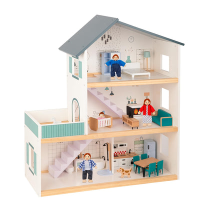 OOOK Wooden Dollhouse for Kids, Doll House with Simulated Luxury Furniture Set, Dollhouse Playset Gifts for Girls Toddlers (Including 4 Family Dolls