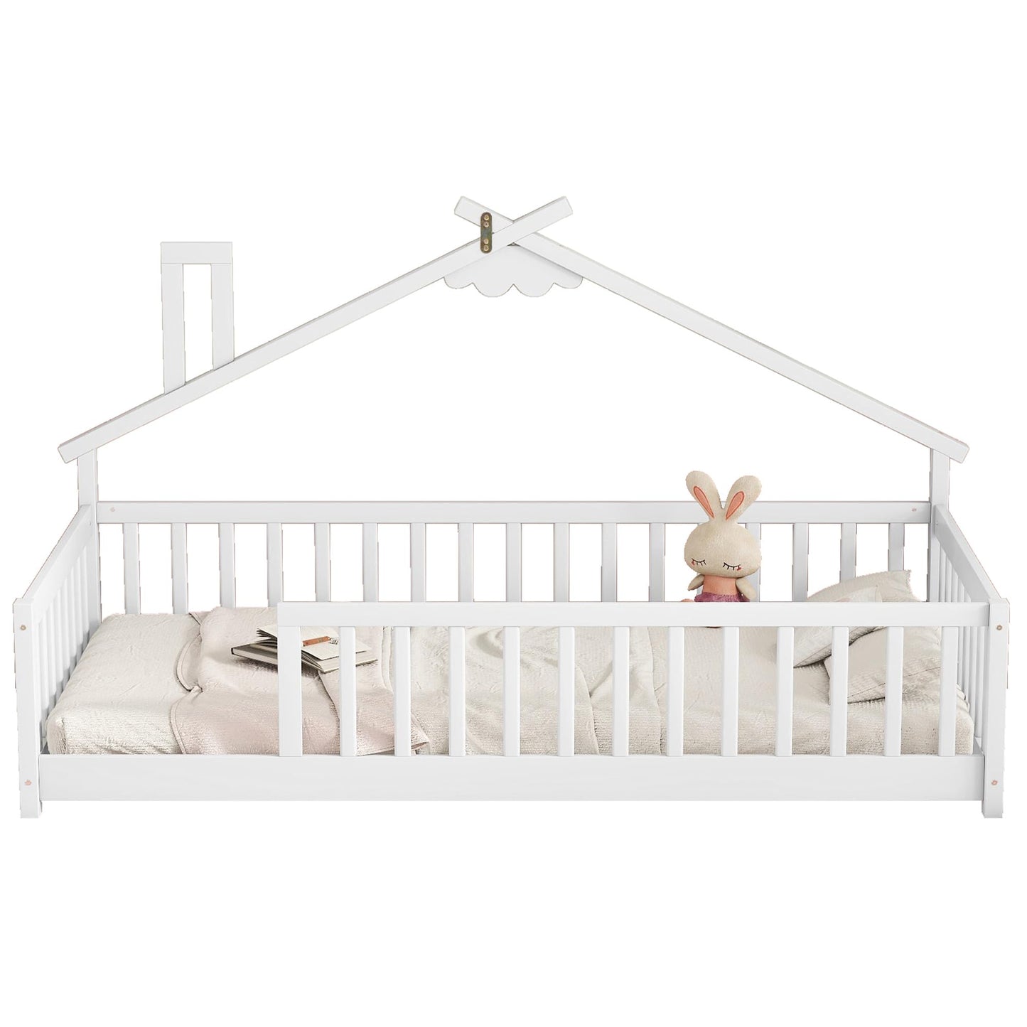 Mirightone Twin Size Floor Bed with House-Shaped Roof and Fence Guardrails - Solid Wood Montessori Design in White