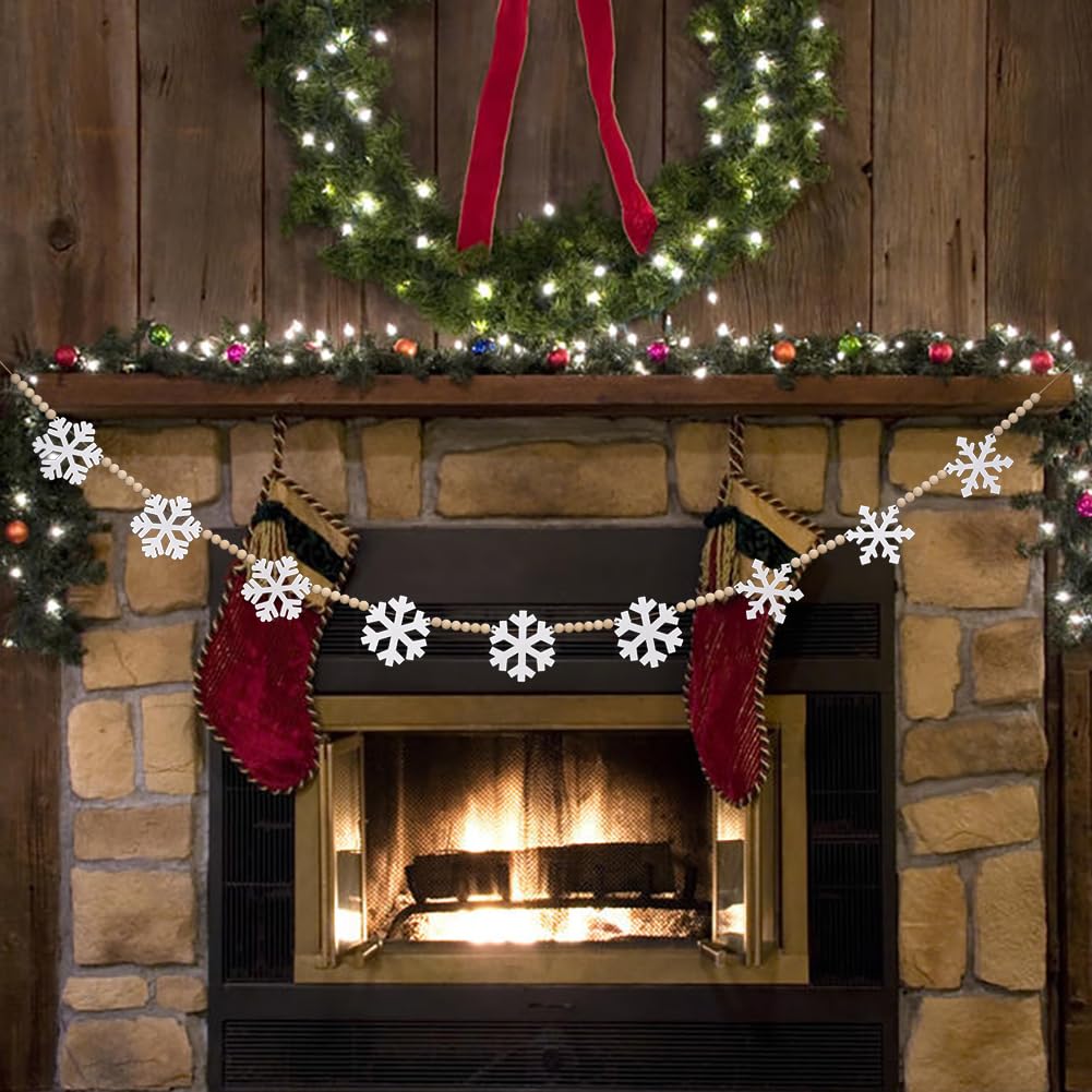 Wooden Christmas Decorations Garland with Snowflakes, Boho Christmas Decor Rustic Wood Garland, DIY Wooden Bead Xmas Garland Decor Winter Banner Decor for Tree Mantle Fireplace Wall (White) IDATOO