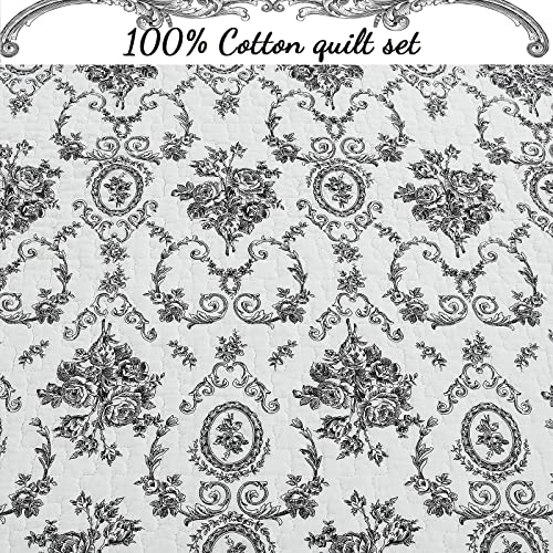 Cozy Line Home Fashions French Medallion Black White Grey Rose Flower Pattern Printed 100% Cotton Bedding Quilt Set Reversible Coverlet Bedspread (Black White, Queen - 3 Piece) Cozy Line Home Fashions