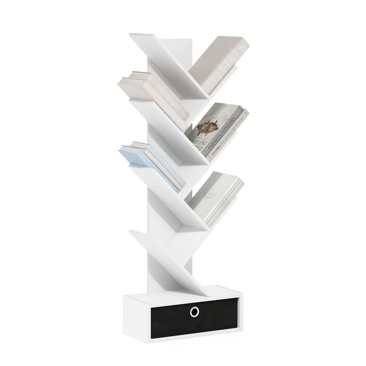 Furinno Tree Book Shelf, 7-Tier Bookshelf, Tree Bookcase with Bin Drawer, 8.4 x 16.9 x 46.2, for Living Room, Bedroom, Home Office, White/Black Furinno