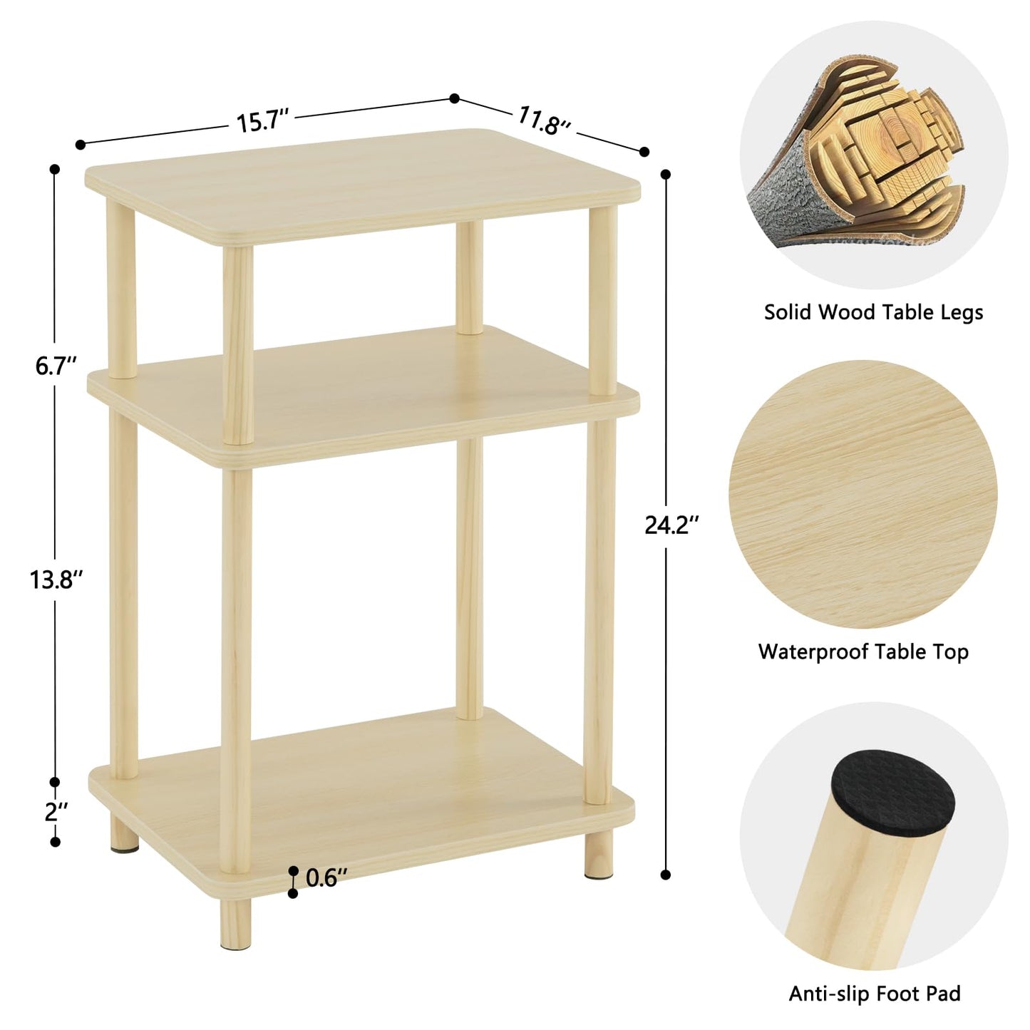 Apicizon 3 Tier End Table, Record Player Stand with Storage Shelf, Wooden Vinyl Record, Nightstand Bedside Table for Small Spaces, Bedroom, Living Room, Easy Assembly, Light Natural