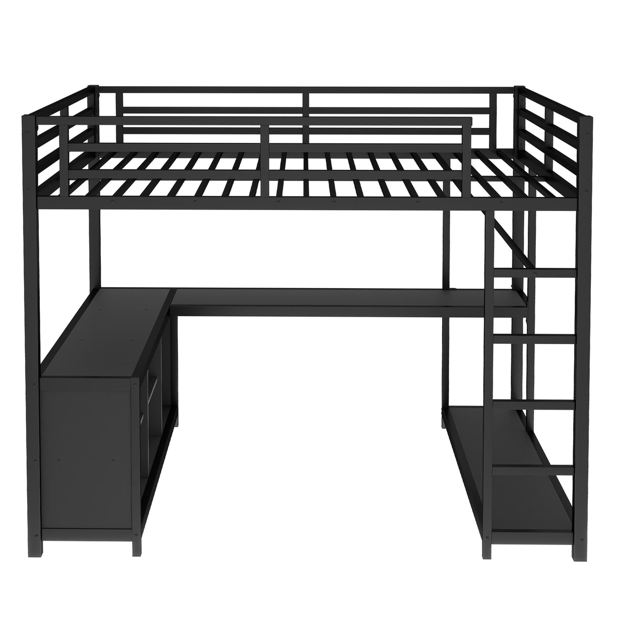 SOFTSEA Queen Size Loft Bed with Desk & Wardrobe, Heavy Duty Metal Loft Bed with Storage Shelves, Gaming Bed with L-Shaped Desk Underneath for Adults Teens Kids, Black SOFTSEA