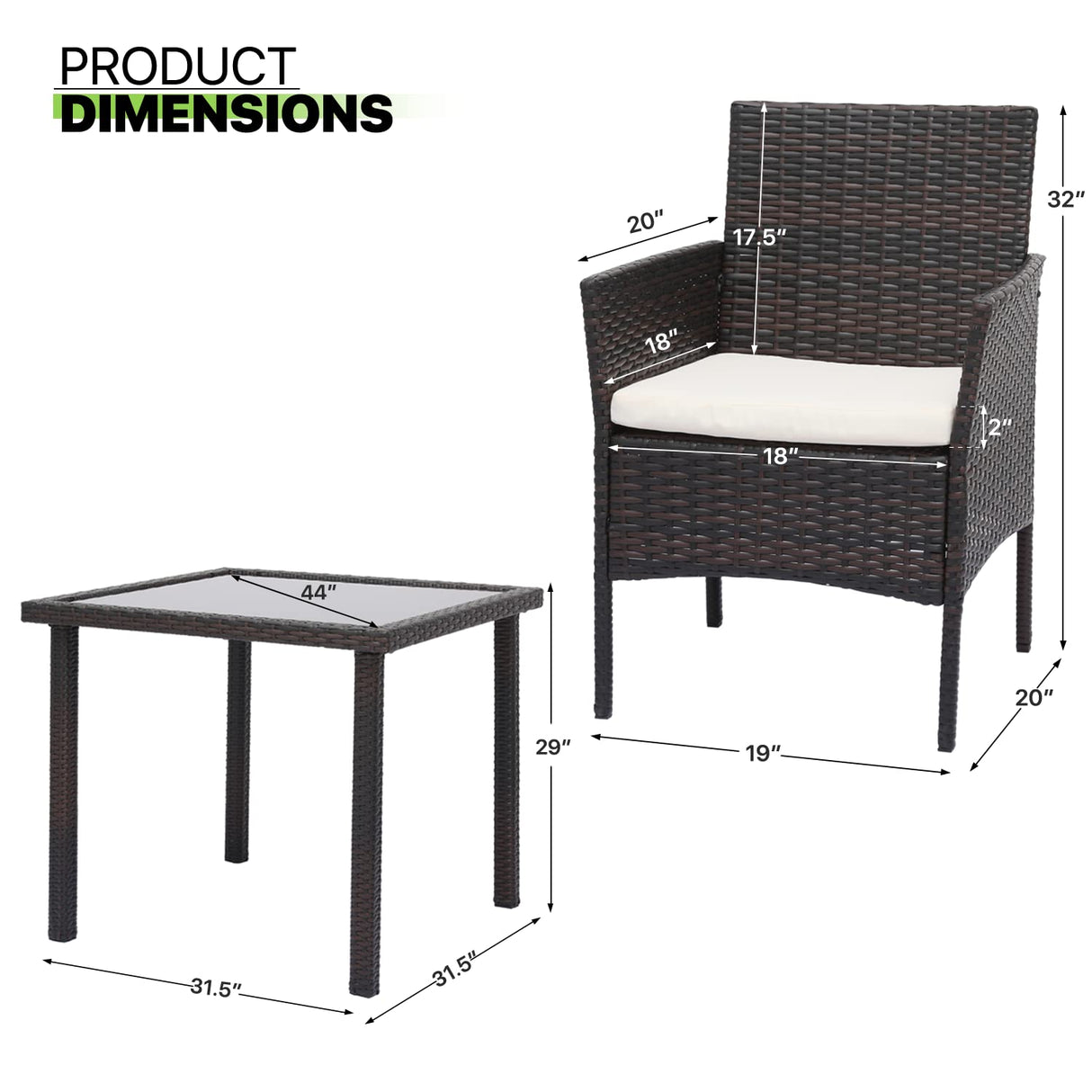 Magshion 5 Pieces Outdoor Patio Furniture Set with Thick Cushions, All-Weather Wicker Bistro Rattan Conversation Chairs with Glass Top Side Table for Garden Lawn Poolside Backyard Porch, 250lbs, Brown Magshion