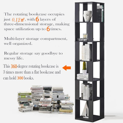 Rotating Bookshelf,6 Tier 360 Floor Standing Revolving Bookcase Storage Rack,Wood Narrow Bookshelf for Small Space,Corner Book Shelf Organizer for Bedroom, Living Room (Black)