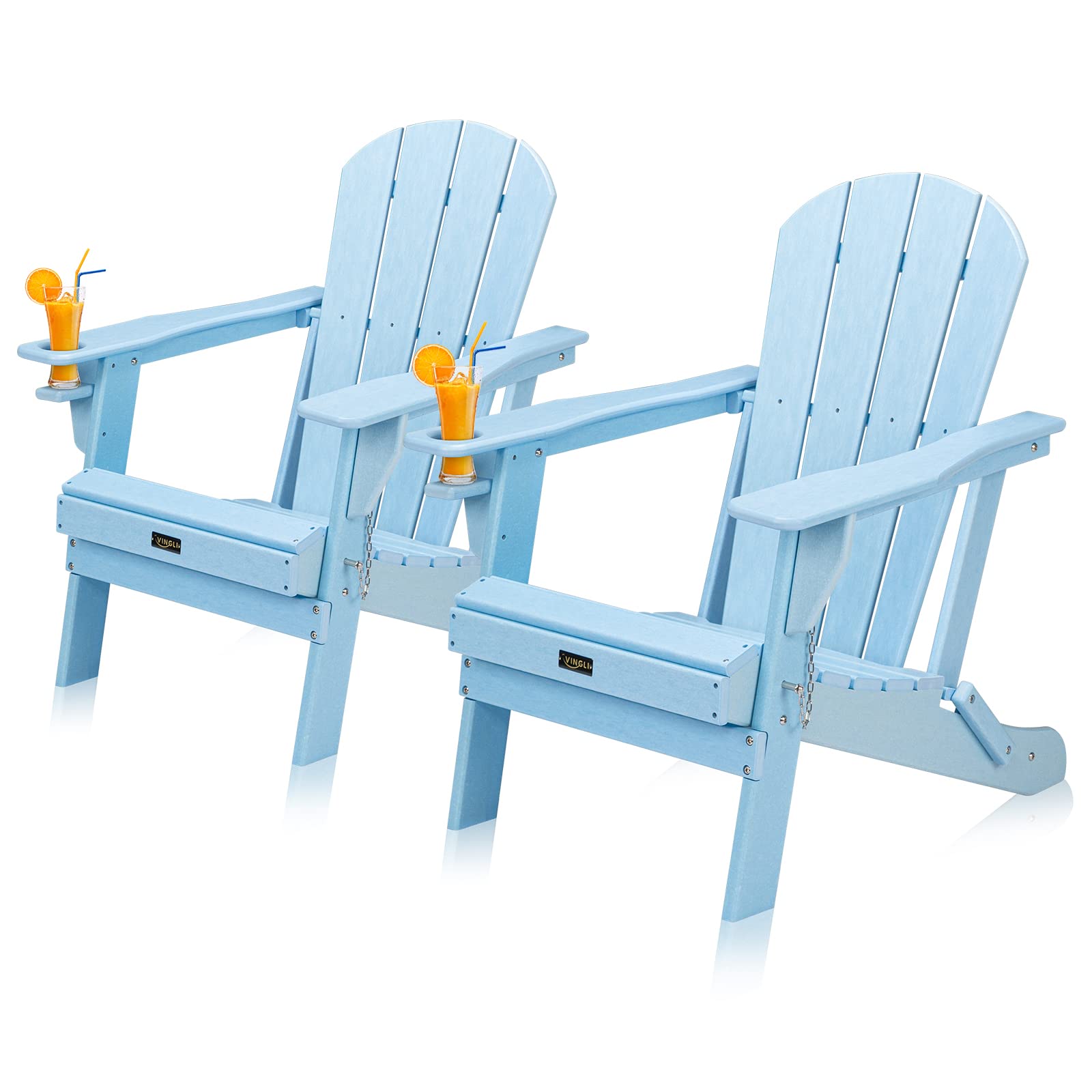 VINGLI Plastic Adirondack Chairs Set of 2, Folding with Cup Holder, Waterproof HDPE Material, Comfortable 380lb Weight Capacity for Outdoor Pool Patio Lounge Chair Lawn Furniture Firepit (Blu - WoodArtSupply