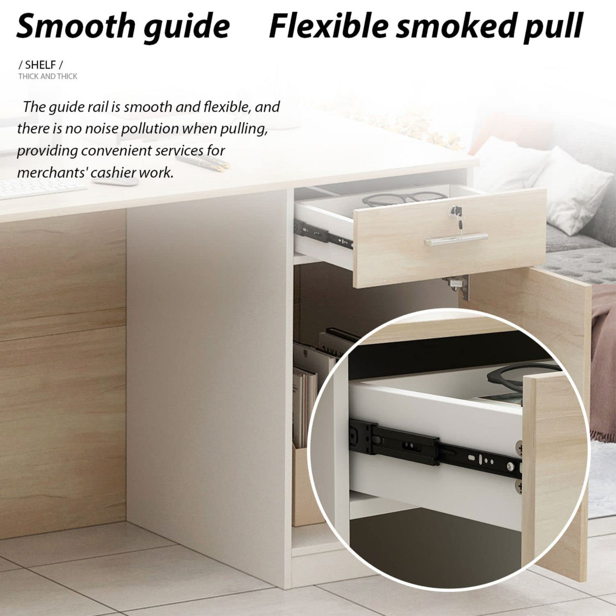 FAMAPY Reception Desk Retail Counter with Lockable Drawer & Shelves, Front Desk Reception Table for Salon Lobby Shop White and Oak 55.1'W x 23.6'D x 43.3'H FAMAPY