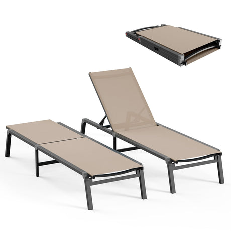 Patio Chaise Lounge Chair, Foldable Lounge Chair for Outside, Aluminum Chairs Set of 2 with 5 Adjustable Backrest, Outdoor Pool Lounger for Poolside, Lawn, Deck, Khaki Ciokea