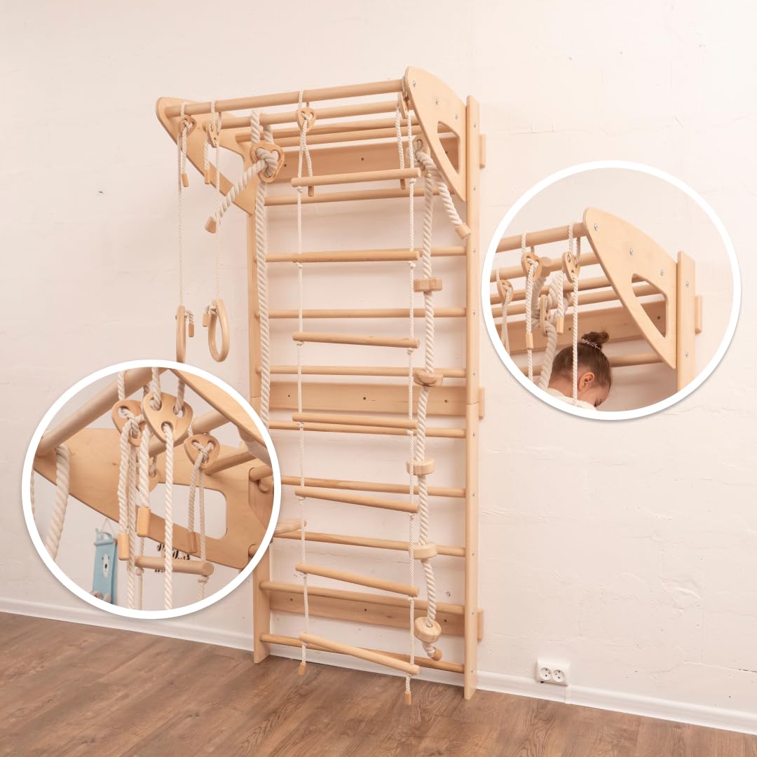 Woodandhearts Swedish Ladder for Kids with Rope Accessories - Indoor Jungle Gym, Indoor Jungle Gym for Kids Ages 6-16, Indoor Climbing Gym, Climbing Wall for Kids (Natural Wood, All Accessories) Wood And Hearts
