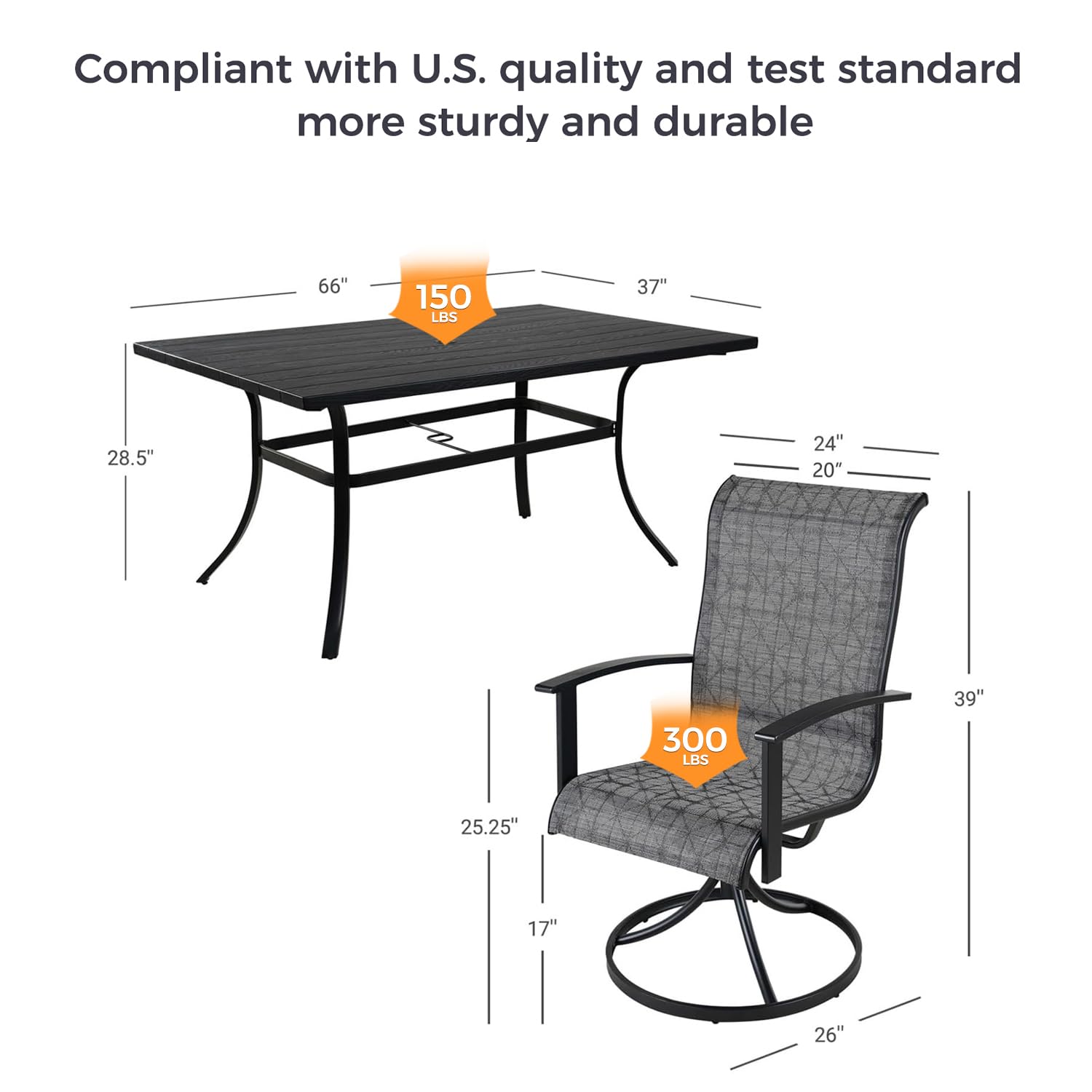 Grand patio Outdoor Dining Set for 6, Patio Dining Set with 6-Piece Mesh Sling Rocking Chairs, 1-Piece Large Rectangular Woodgrain Dining Table with Umbrella Hole, Black & Grey Plaid - WoodArtSupply