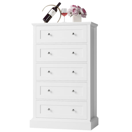 FACBOTALL 5 Drawer Dresser, 47.2" Tall White Dresser with 5 Drawers, Chest of Drawers Cabinet Wood Dresser for Hallway Living Room FACBOTALL
