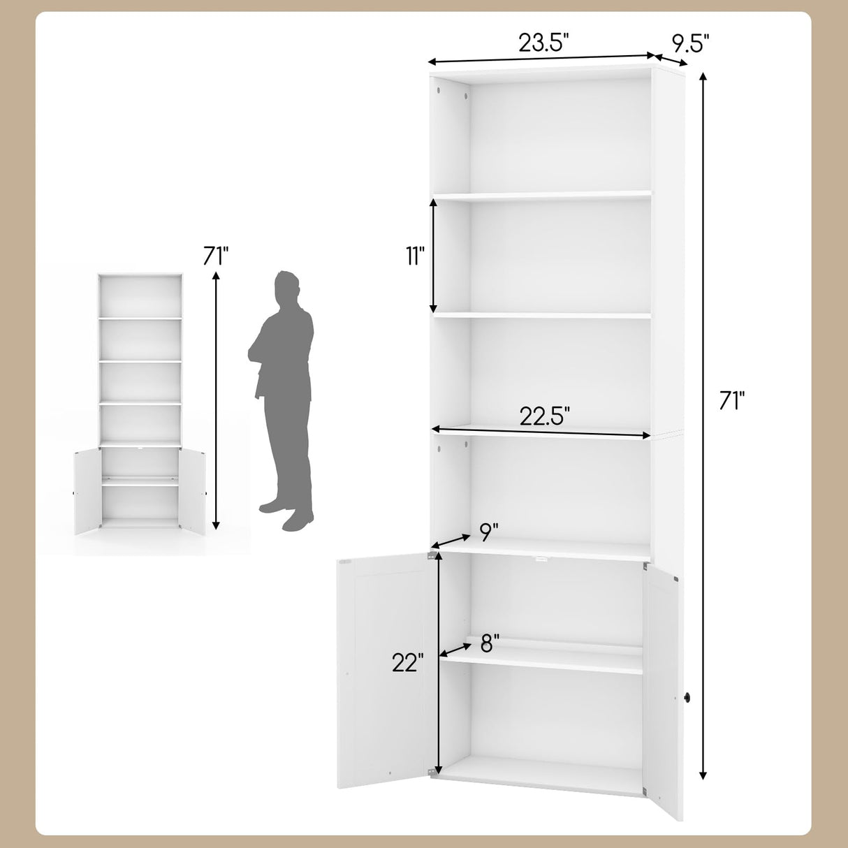 Tangkula Tall Bookcase with Doors, Farmhouse 71" H Freestanding Bookshelf with 6 Shelves & 2-Door Cabinet, Display Shelf with Adjustable Shelf for Living Room Study (White, 71") Tangkula