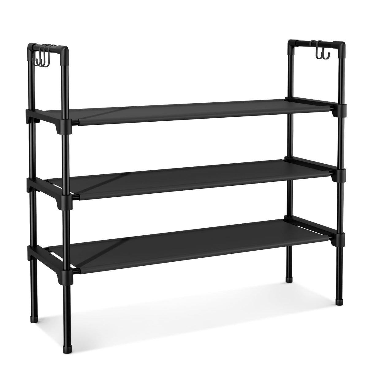 LANTEFUL 3 Tier Shoe Rack for Closet, Shoe Organizer with 5 Hooks, Long Shoe Shelf Storage for Shoe and Boot Stackable Free Standing Shoe Rack for Entryway, Garage, Small Spaces, Dorm, Black LANTEFUL
