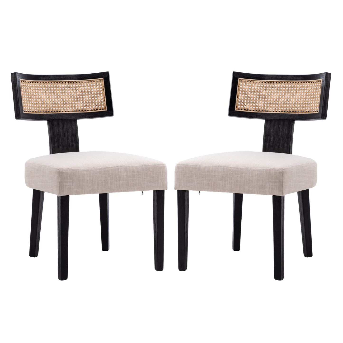 CIMOO Mid Century Modern Dining Chairs Set of 2 Linen Upholstered Dining Chairs Farmhouse Dining Room Chairs with Rattan Back Wood Legs, Beige and Black - WoodArtSupply