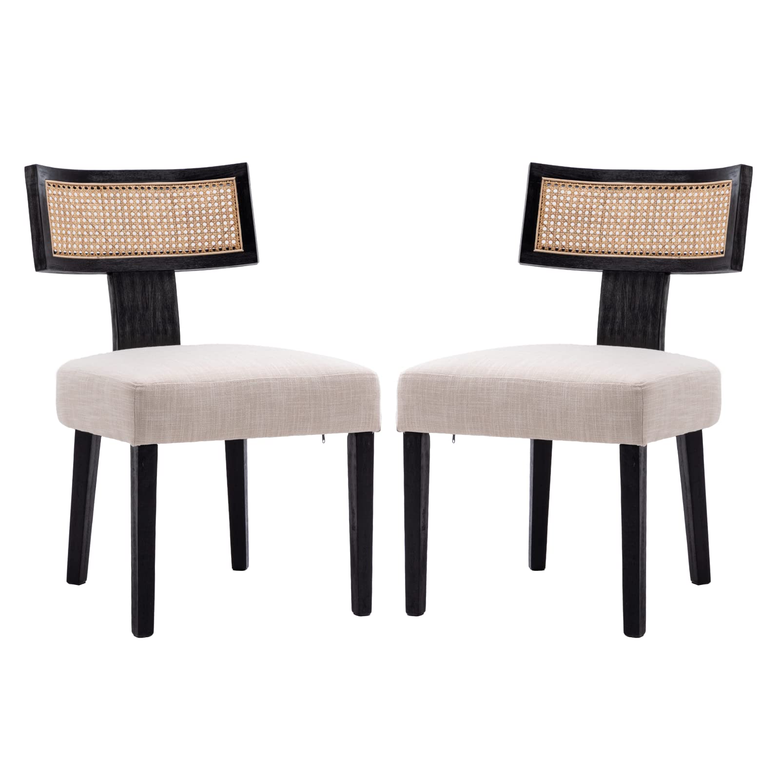 CIMOO Mid Century Modern Dining Chairs Set of 2 Linen Upholstered Dining Chairs Farmhouse Dining Room Chairs with Rattan Back Wood Legs, Beige and Black - WoodArtSupply