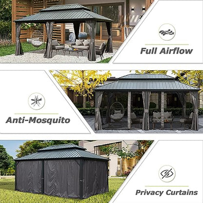 Domi 12' X 18' Hardtop Gazebo, Aluminum Metal Gazebo with Galvanized Steel Double Roof Canopy, Curtain and Netting, Permanent Gazebo Pavilion for Patio, Backyard, Deck, Lawn