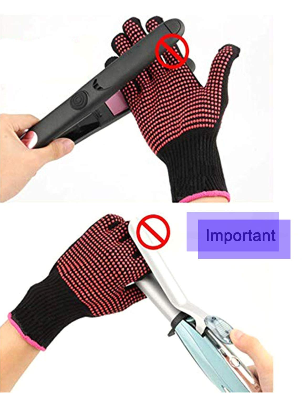 AFT90 2 Pcs Professional Heat Resistant Glove for Hair Styling Heat Blocking Gloves for Curling, Flat Iron and Hair Styling Tools, Silicone Bump, Pink Edge AFT90