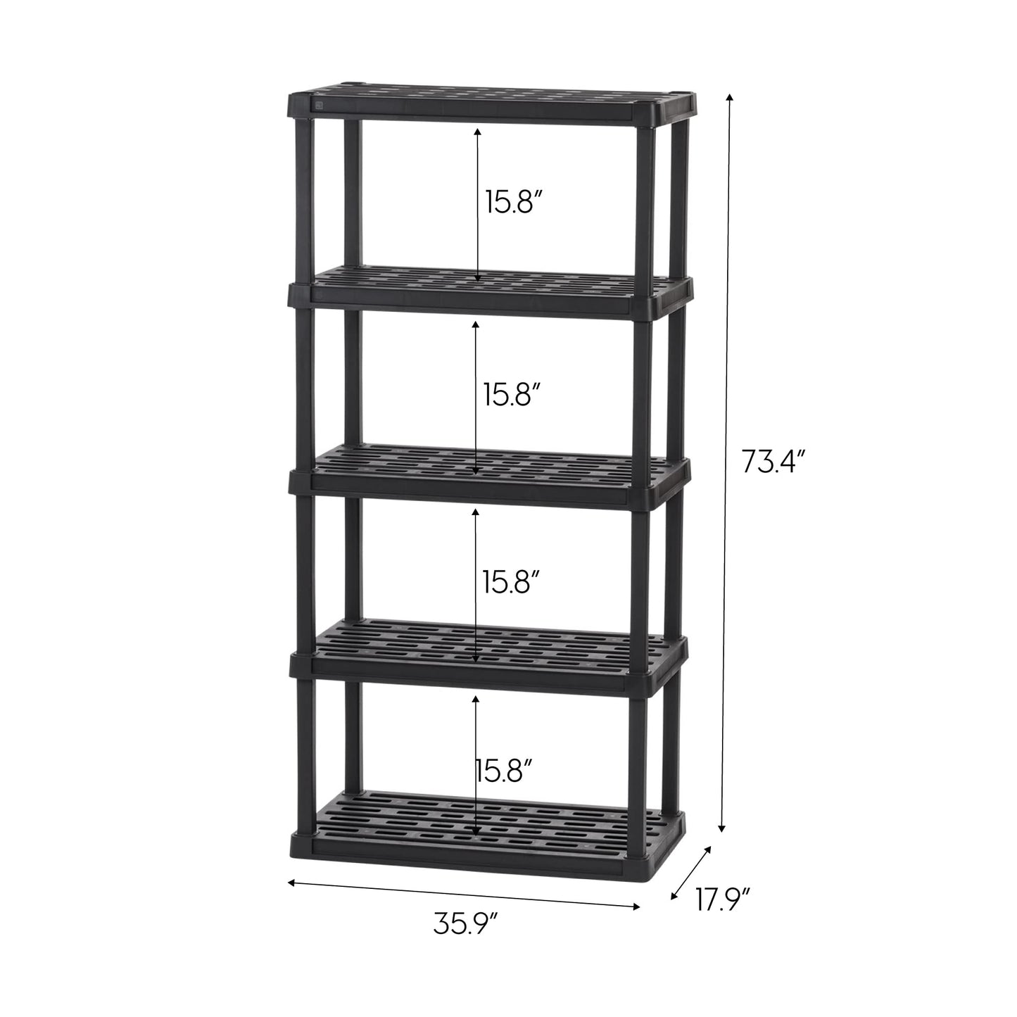 IRIS USA 5-Tier Heavy Duty Plastic Shelving Unit, 73" Tall - 100lbs per Shelf, Modular Garage Rack Storage Organizer for Home, Basement, Laundry & Utility Room, 18"D x 36"W x 73"H - Black