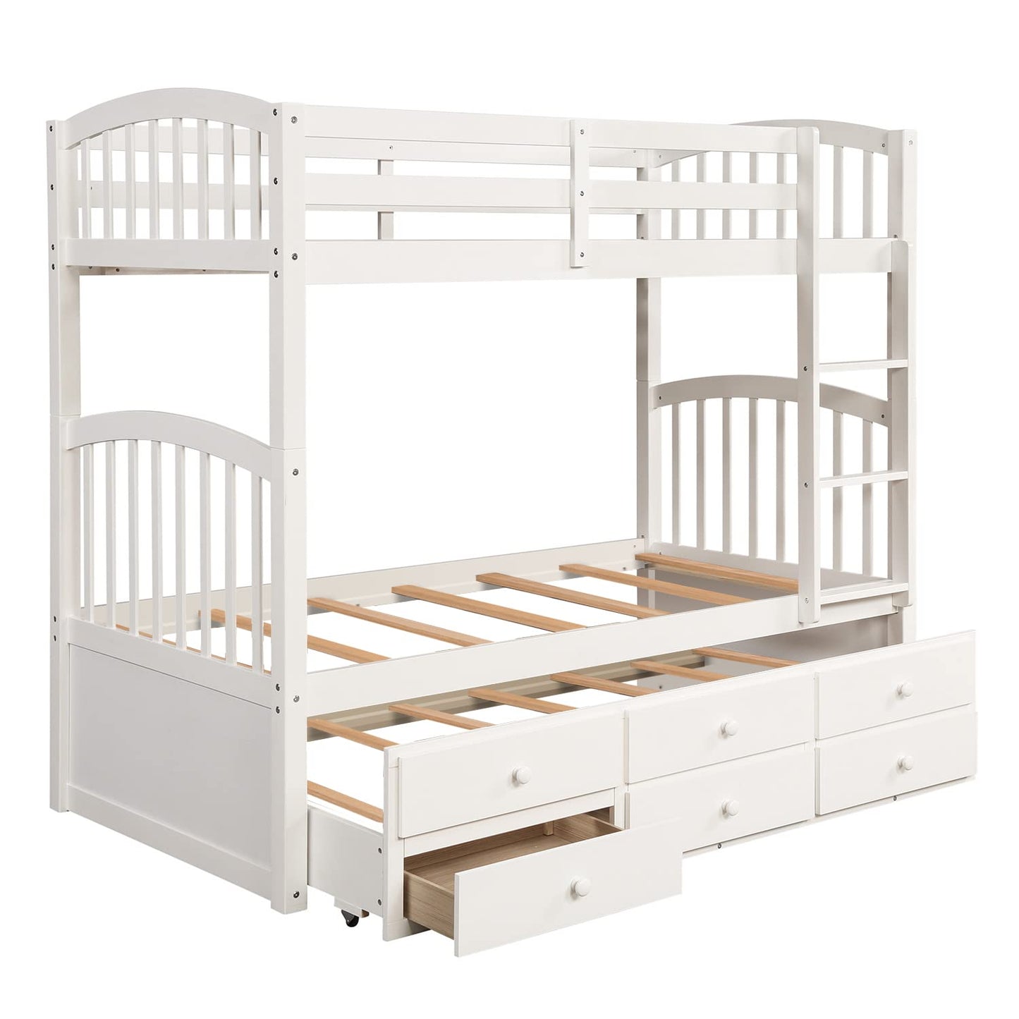 Harper & Bright Designs Twin Over Twin Bunk Bed with Trundle and Storage Drawers, Wood Bunk Bed with Safety Rail and Ladder for Kids Teens Adults, No Box Spring Required (White)