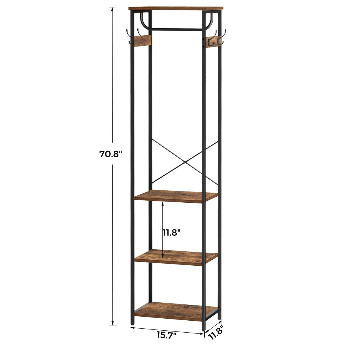 Cerlyunzan Coat Rack With Hanging Rod, Garment Rack With 3 Wooden Shelves and 4 Hooks, Freestanding Hall Tree, Industrial Clothes Rack Stand Organizer, Rustic Brown and Black Cerlyunzan