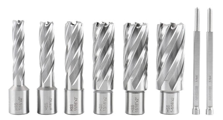 Accusize Industrial Tools Hss Annular Cutter Set, 2'' Cutting Depth, 7/16'' to 1-1/16'' Slugger Cutter, 8 Pcs/Set, HSS2-0000 Accusize Industrial Tools