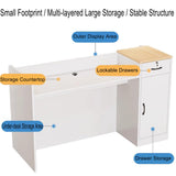 LANBVIELT Modern Reception Desk, Front Counter with Lockable Drawer, White Retail Counter with Outer Display Rack, Checkout Receptionist Desk for Market, Office, Fruit Shop (39x21.6x35.4in) LANBVIELT
