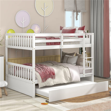 i-POOK Full Over Full Bunk Bed with Trundle, Solid Wood Bunk Bed Frame with Built-in Ladder and Full-Length Safety Guardrails, No Box Spring Needed, White i-POOK