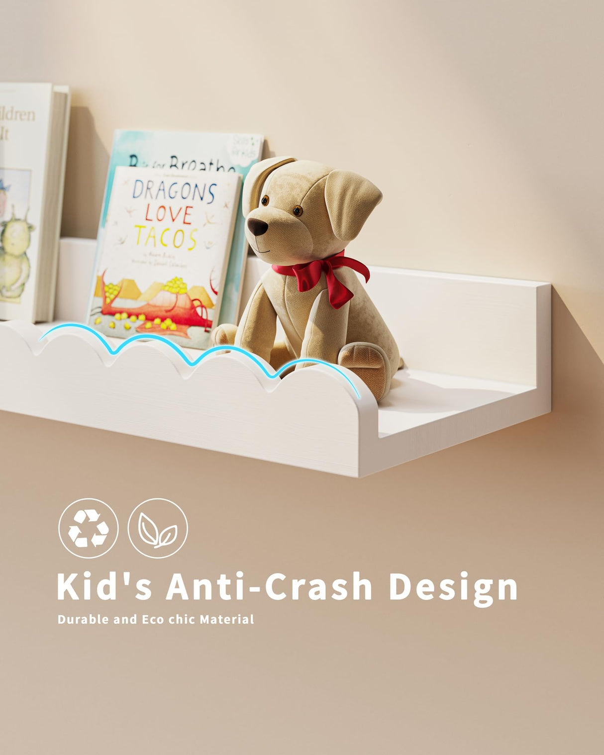 Nursery Book Shelves, 4-Pack White Floating Shelves for Wall Kids, Scalloped Shelves, Wall Book Shelves for Bedroom Kids, Toddler Room, Baby Room, Nursery Decor Shario