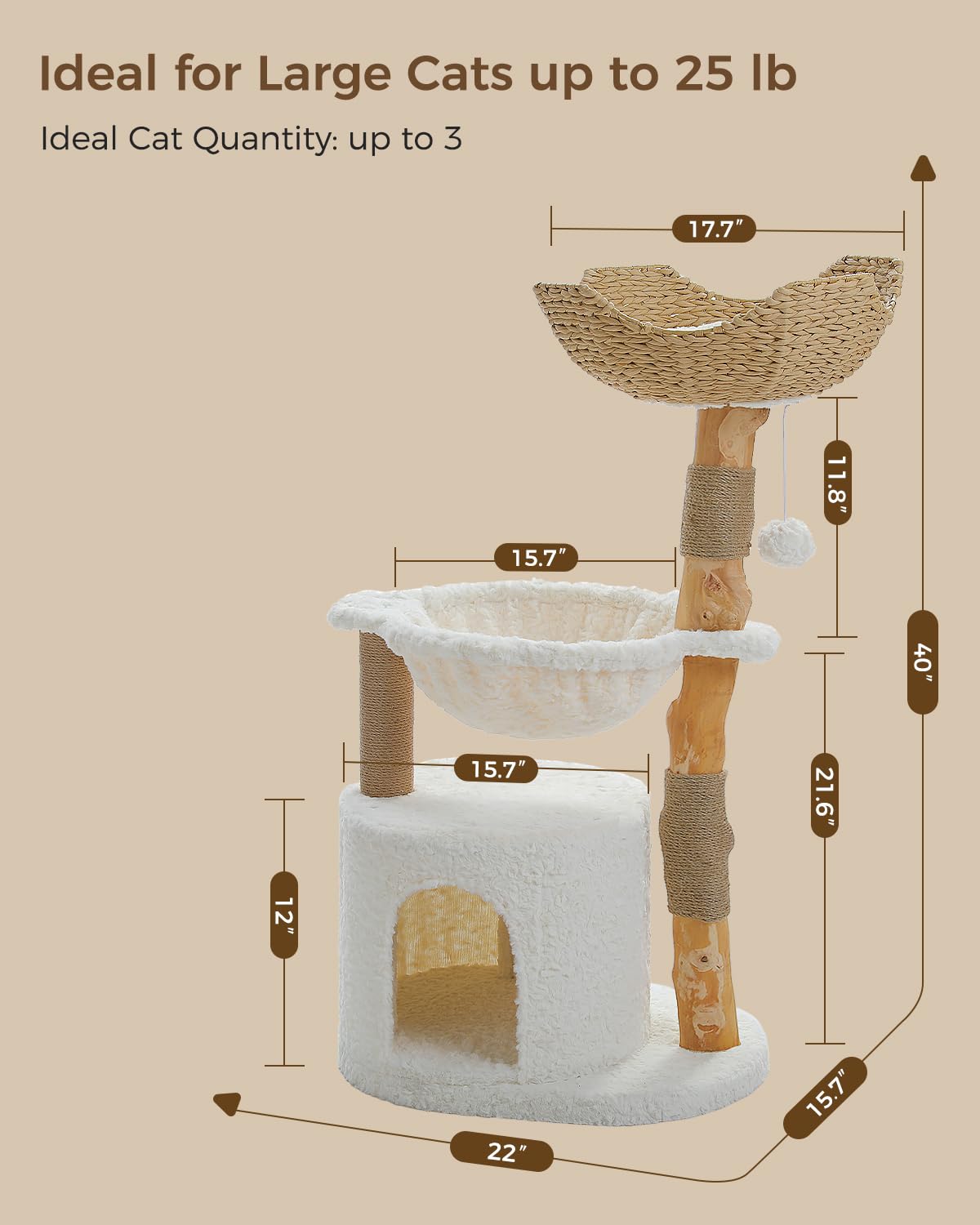 MUTTROS Modern Cat Tree for Large Cats, Wood Cat Tower for Indoor Cats, Real Branch Luxury Cat Furniture with Super Large Cozy Condo and Hammock & Scratching Post, Top Basket, White MUTTROS