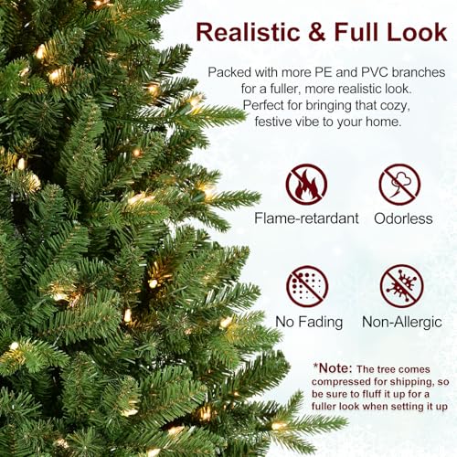 Treepool 8FT Pre-Lit Artificial Christmas Tree with 2748 PE&PVC Mixed Branch Tips, 600 Warm White Lights, Hinged Premium Spruce Fake Xmas Trees, Green, Foldable Base